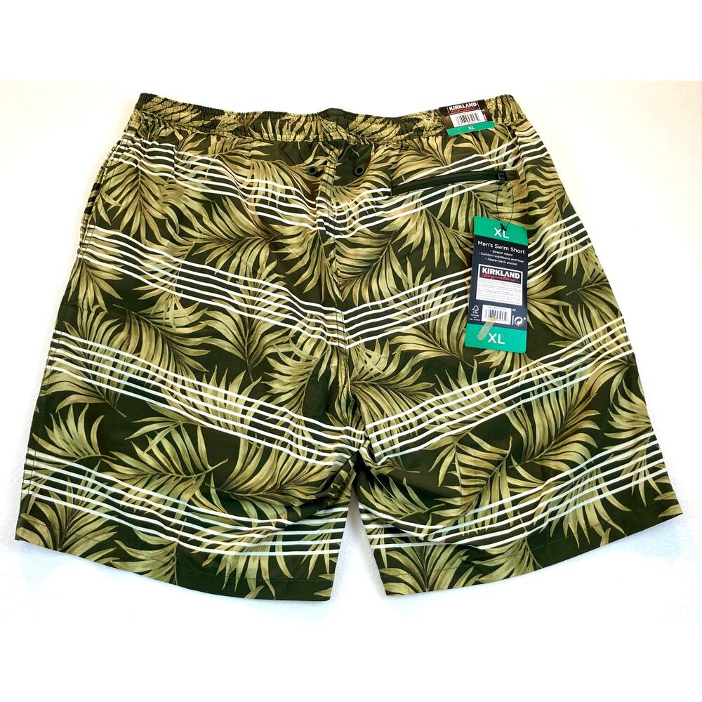 Swim Trunks XL Green Palms Stripes Kirkland Stretch NWT